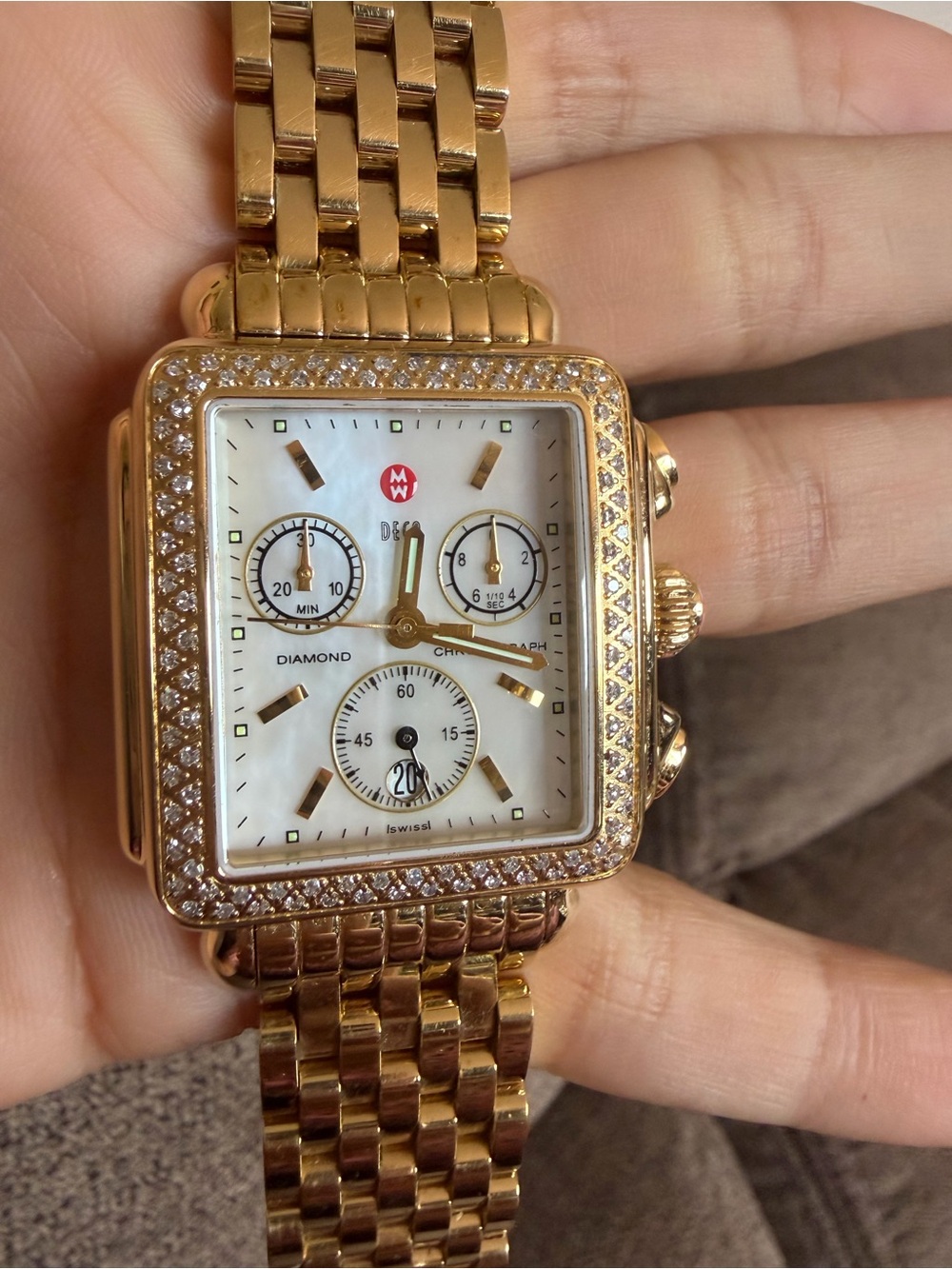 MICHELE Deco Diamond Chronograph Gold-Tone Watch Full Bracelet Box - Picture 7 of 8